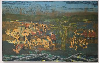 A dark painted scene of a river bank at dusk: uniformed men with rifles advancing on scattered unclothed figures among the reeds and banana plants.
