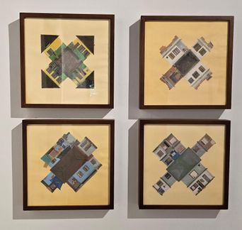 Four square framed collages on a white wall, each made of cut photographs of houses arranged point-to-point into a pinwheel around a rooftop centre.