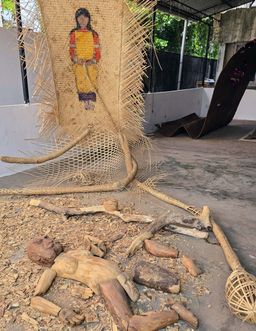 Exhibition view of ‘Ialong, hakum!’ at VKL Warehouse, Kochi-Muziris Biennale 2025–26.