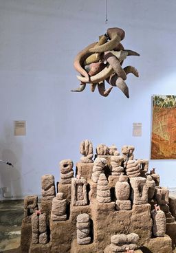 Exhibition view of ‘Sacred Scapes’ at VKL Warehouse, Kochi-Muziris Biennale 2025–26.