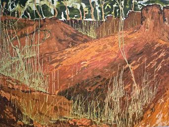 A painting of an eroded red earth bank falling away in ridges and gullies, with bare saplings and a line of green trees along the top.