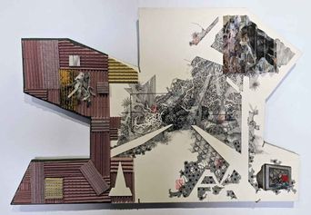 A wall-mounted work shaped like a broken map: one half a model of red tiled rooftops, the other a dense pen drawing of tangled figures and machinery.