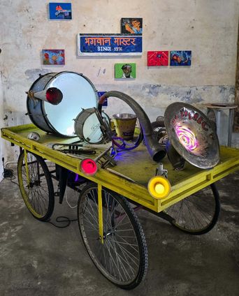Exhibition view of ‘The People’s Orchestra’ at VKL Warehouse, Kochi-Muziris Biennale 2025–26.