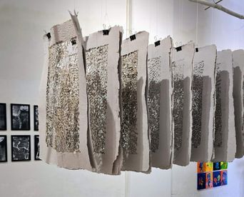 Exhibition view of ‘Residual Marks’ at VKL Warehouse, Kochi-Muziris Biennale 2025–26.