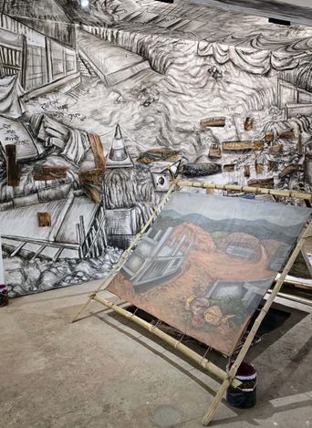 Exhibition view of ‘Jirania’ at BMS Warehouse, Kochi-Muziris Biennale 2025–26.