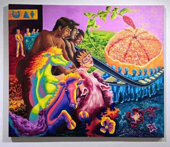 A vivid painting in hot pinks and greens: neon horses rear beside a row of naked figures, while a giant halved pomegranate is carried on a beam by small blue people.