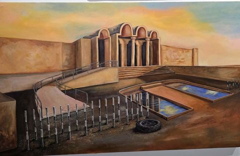 A painting at St. Andrew’s Parish Hall of a sunset-toned colonnaded building with ramps, railings and a shallow reflecting pool in front.