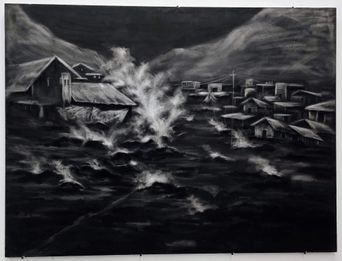 A black-and-white charcoal painting at St. Andrew’s Parish Hall of houses engulfed by stormy waves.