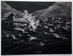A black-and-white charcoal painting at St. Andrew’s Parish Hall of houses engulfed by stormy waves.