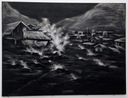 A black-and-white charcoal painting at St. Andrew’s Parish Hall of houses engulfed by stormy waves.