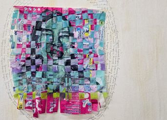 A woven portrait at St. Andrew’s Parish Hall made from strips of pink and teal sanitary-product wrappers.