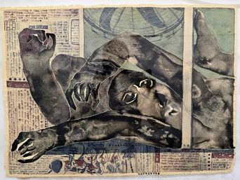 A mixed-media collage at St. Andrew’s Parish Hall of interlocking arms, hands and animal faces printed over pages of old text.