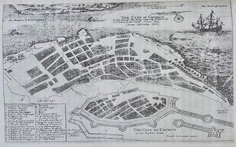 Reproduction of a 1672 engraved map titled ‘The City of Cochin’, from Baldaeus.