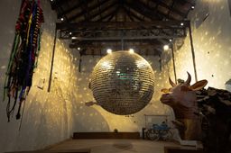 Exhibition view inside Anand Warehouse, Kochi-Muziris Biennale 2025–26.
