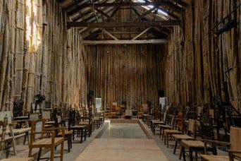 Exhibition view inside Anand Warehouse, Kochi-Muziris Biennale 2025–26.