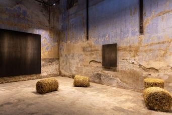 Exhibition view inside Anand Warehouse, Kochi-Muziris Biennale 2025–26.