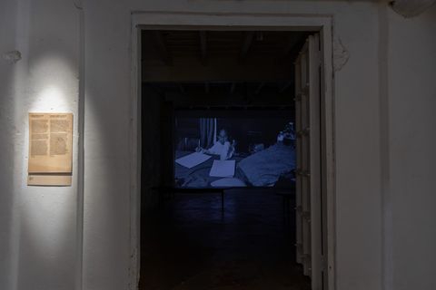 Exhibition view inside Anand Warehouse, Kochi-Muziris Biennale 2025–26.