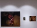 A dark close-up painting of raw flesh-like forms beside a small metal object and a framed close-up photo of stitched skin, on a gallery wall at SMS Hall.