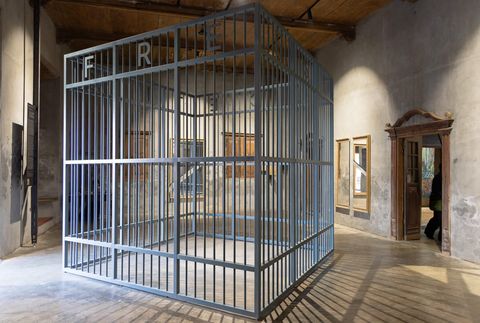 A large steel cage standing alone in a bare room, the word FREE spelled down its bars, throwing striped shadows across the wooden floor.