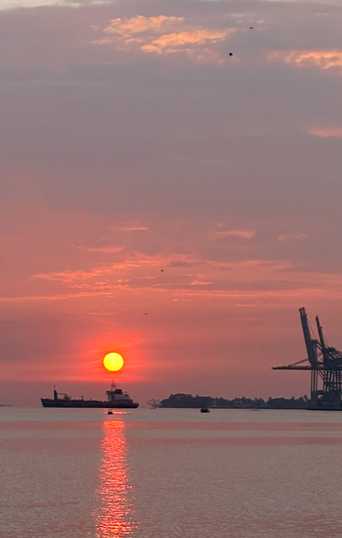 Sunset over harbour water with a cargo ship silhouette and port gantry cranes.