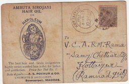 A weathered 1922 postal card advertising Amruta Sirojani hair oil, with a handwritten address and postmark stamp.