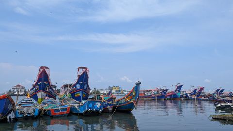 Fishing boats moored at a harbor with a city skyline in the background