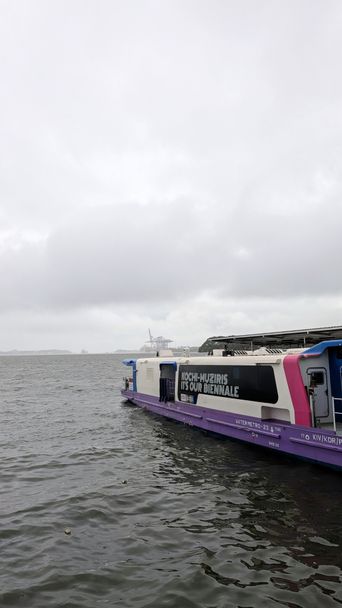 Water Metro boat with 'Kochi-Muziris, it's our Biennale' livery on its hull