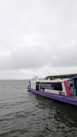Water Metro boat with ‘Kochi-Muziris, it’s our Biennale’ livery on its hull