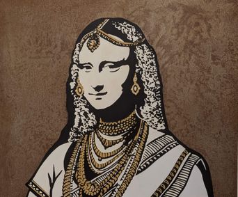 A painting on a brown ground of the Mona Lisa reimagined in South Indian dress, wearing layered gold necklaces, a head chain and a white sari with a patterned border.