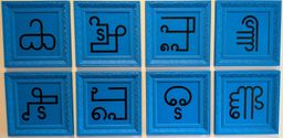 Eight blue-framed panels of black abstract line symbols mounted in a grid on a gallery wall at Muziris Contemporary.