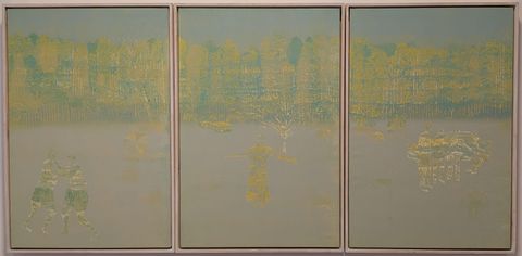 A three-panel faded blue-green painting at Muziris Contemporary showing ghostly gold figures and trees in a park setting.