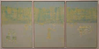 A three-panel faded blue-green painting at Muziris Contemporary showing ghostly gold figures and trees in a park setting.