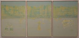 A three-panel faded blue-green painting at Muziris Contemporary showing ghostly gold figures and trees in a park setting.