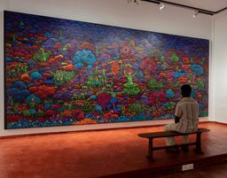 A man sits on a bench facing a large, vividly coloured mural of a forest full of figures and animals at Muziris Contemporary.
