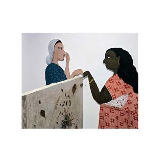 Two large cut-out painted figures of women facing each other across a grey panel of pressed leaves and dried grass — one in a blue blouse and white headscarf, one in a red-patterned sari.