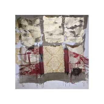 A large hanging textile work: three smudged cream panels above, and below them woven red and black bands with loose threads trailing down.