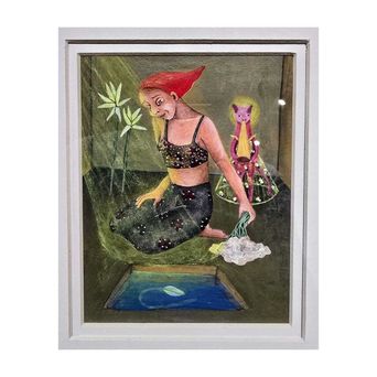 A framed painting of a woman with red hair kneeling beside a small pool set into the floor, holding a bunch of spring onions, with a pink cat-headed figure standing behind her.