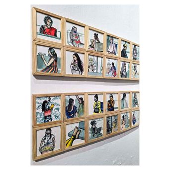 Two long rows of small framed drawings on a white wall, each showing a figure in a different everyday moment.