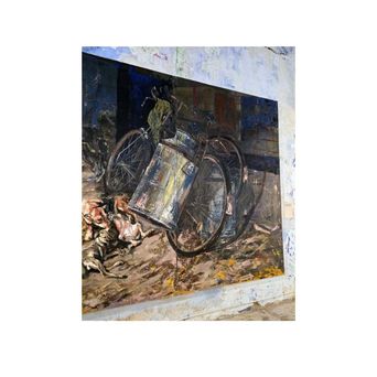 A large painting mounted on a peeling plaster wall, showing a bicycle loaded with a big metal milk churn, with dogs sprawled on the ground beside it.