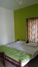 A bedroom with a double bed under a lime-green bedspread, a bright green wall behind it, and a wavy brown-and-cream curtain at the window.