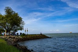 The rock-lined shore at Fort Kochi Beach on a bright day: a large tree and food stalls on the left, two lamp posts at the water’s edge, a few people on the rocks and a ship far out at sea.