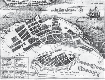 Old city map of Dutch-occupied Fort Kochi Municipality in 1672. The Commons page flags this file as requiring review and notes that author information is missing.