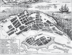 Old city map of Dutch-occupied Fort Kochi Municipality in 1672. The Commons page flags this file as requiring review and notes that author information is missing.