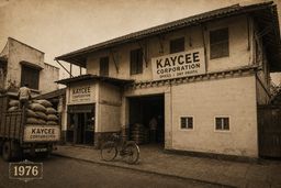 The Kaycee Corporation warehouse in Mattancherry in 1976, its board reading KAYCEE CORPORATION, SPICES | DRY FRUITS above an open loading bay stacked with sacks.
