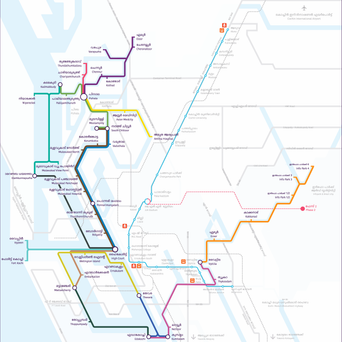 Kochi Water Metro network map: coloured routes linking High Court, Fort Kochi, Vypeen, Mattancherry, Willingdon Island, Bolgatty, South Chittoor, Kakkanad and the other terminals, drawn over the Kochi islands.