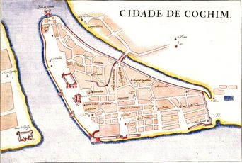 Old Portuguese map of the Santa Cruz district, now Fort Kochi, in Cochin, India. Dated approximately 1620–1640.