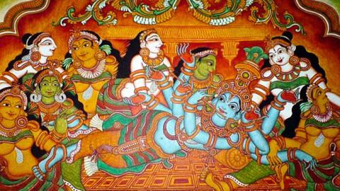Murals at Mattancherry Palace, Kochi. Shiva and Mohini as Parvati looks in distaste. Photograph taken on 27 June 2006.