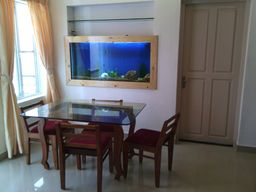 A dining area with a glass-topped table and four wooden chairs with red seat cushions, in front of a wall-set aquarium with a wooden frame and a white door on the right.