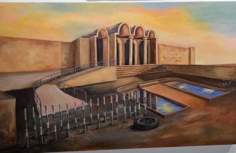 A painting at St. Andrew’s Parish Hall of a sunset-toned colonnaded building with ramps, railings and a shallow reflecting pool in front.