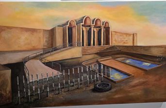 A painting at St. Andrew's Parish Hall of a sunset-toned colonnaded building with ramps, railings and a shallow reflecting pool in front.